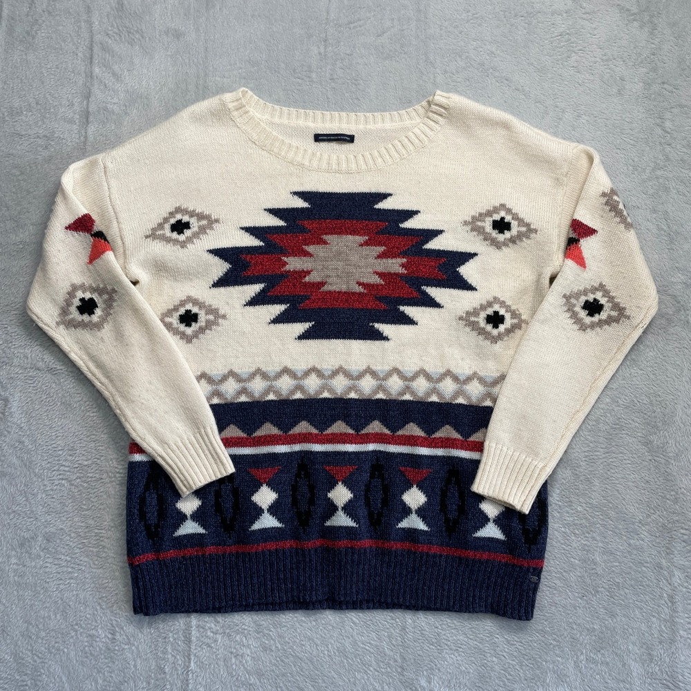 American Eagle Sweater Womens Large Cream Navy Southwestern Geometric Wool Blend